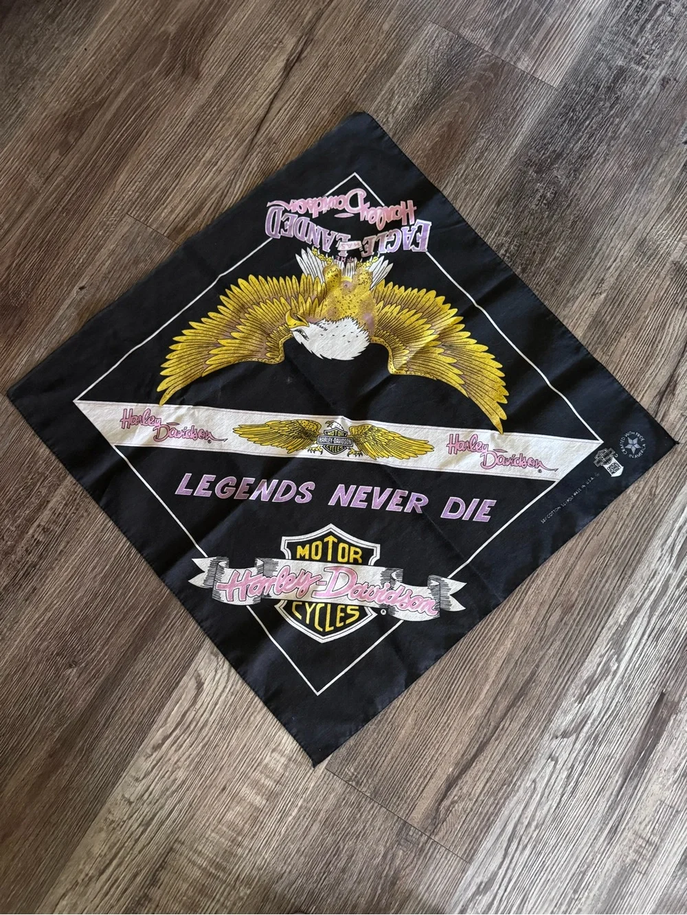Harley-Davidson Vintage  Black Bandana with Yellow Eagle and Pink Script